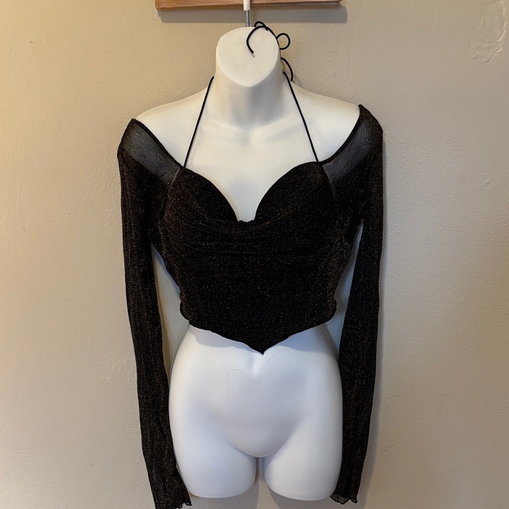 Revamped Black Shimmer Long Sleeve Crop Top - Picture 1 of 4